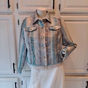 Linear Croc-Embossed Blazer in Turquoise Blue Brown Cream With Gold Sheen